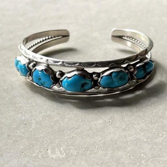 C. Yazzie Navajo Sterling Silver Open Cuff Bracelet with Five Turquoise Nuggets - Picture 10 of 10